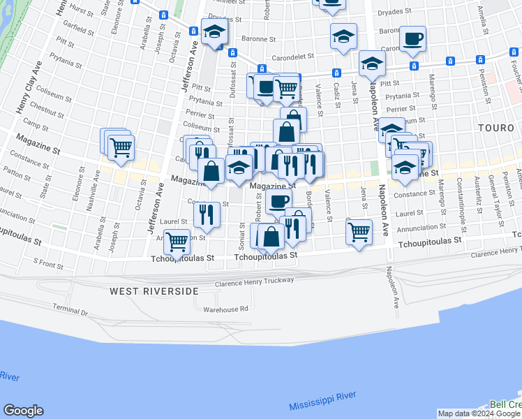 map of restaurants, bars, coffee shops, grocery stores, and more near 5010 Constance Street in New Orleans