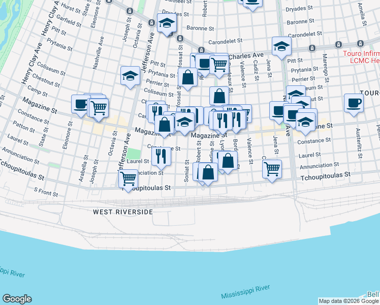 map of restaurants, bars, coffee shops, grocery stores, and more near 5010 Constance Street in New Orleans