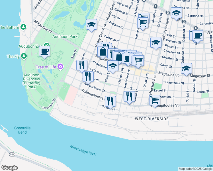 map of restaurants, bars, coffee shops, grocery stores, and more near 422 State Street in New Orleans