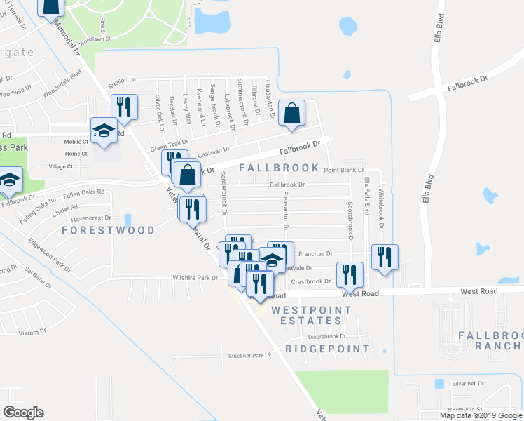 map of restaurants, bars, coffee shops, grocery stores, and more near 1122 Progreso Drive in Houston