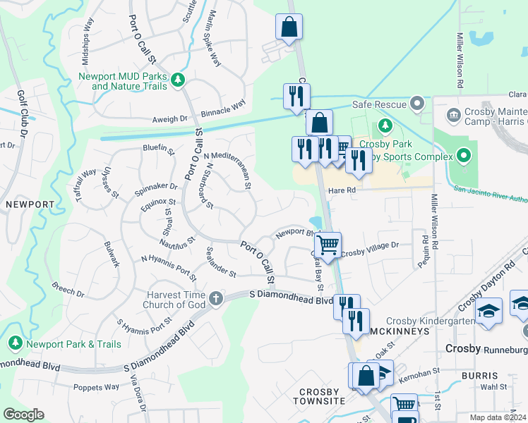 map of restaurants, bars, coffee shops, grocery stores, and more near 16311 New Bedford Street in Crosby