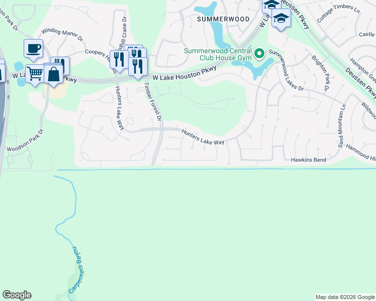 map of restaurants, bars, coffee shops, grocery stores, and more near 15718 White Summit Ct in Houston