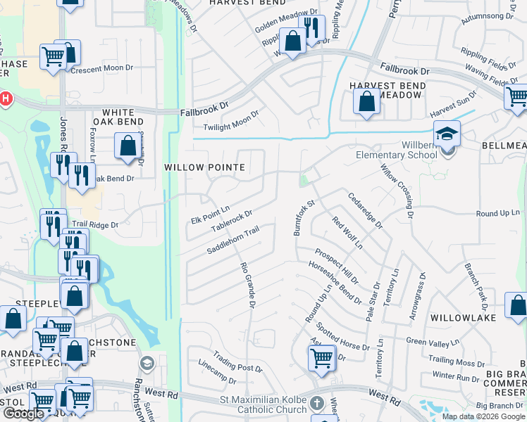 map of restaurants, bars, coffee shops, grocery stores, and more near 10223 Tablerock Drive in Houston