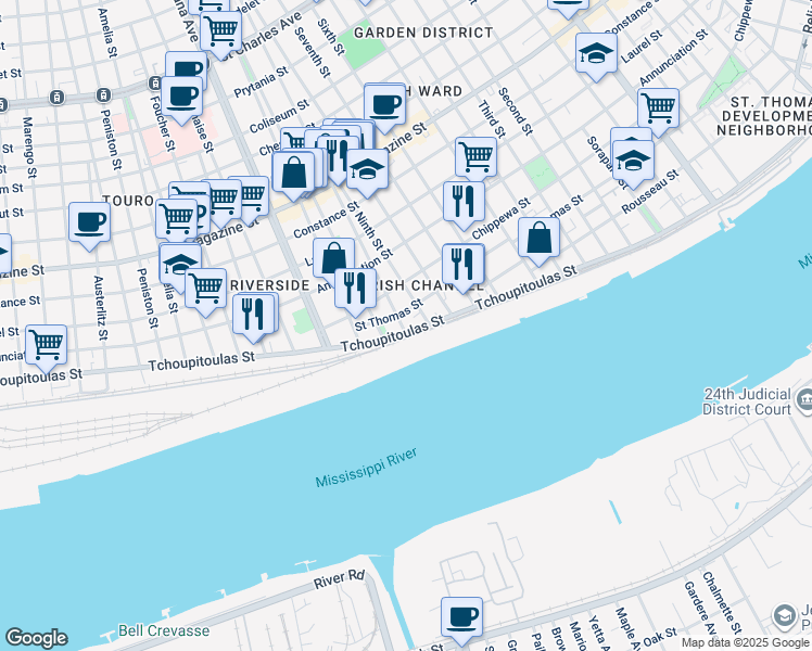 map of restaurants, bars, coffee shops, grocery stores, and more near 3213 Tchoupitoulas Street in New Orleans