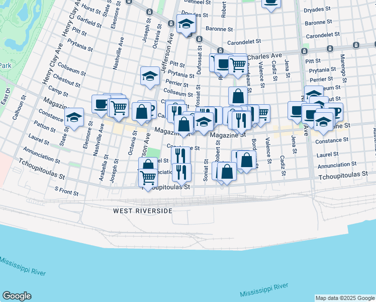 map of restaurants, bars, coffee shops, grocery stores, and more near 727 Dufossat Street in New Orleans
