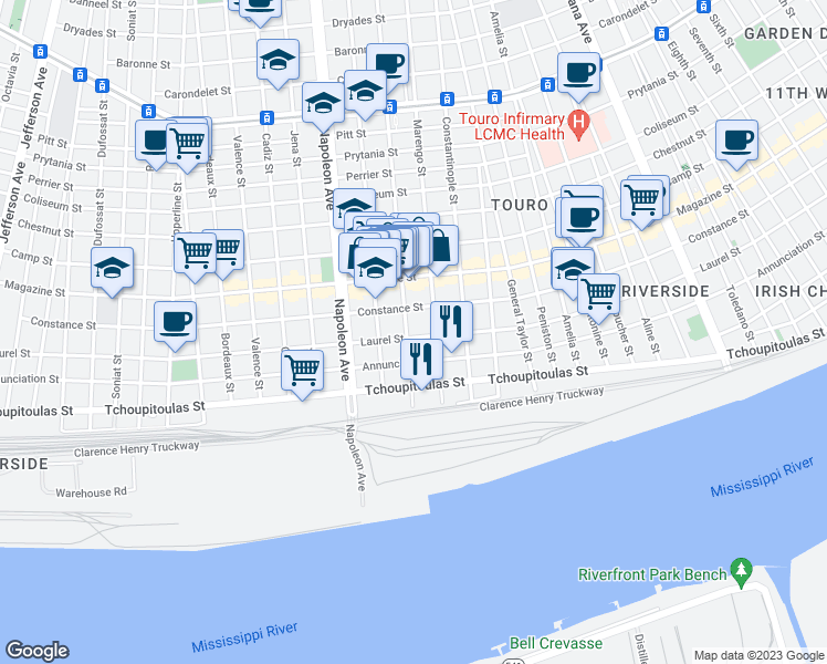 map of restaurants, bars, coffee shops, grocery stores, and more near 707 Milan Street in New Orleans