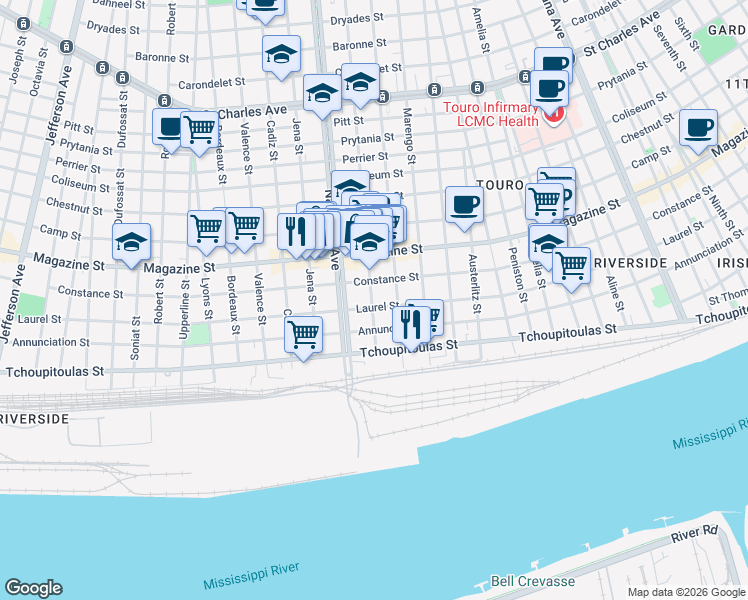 map of restaurants, bars, coffee shops, grocery stores, and more near 4315 Laurel Street in New Orleans