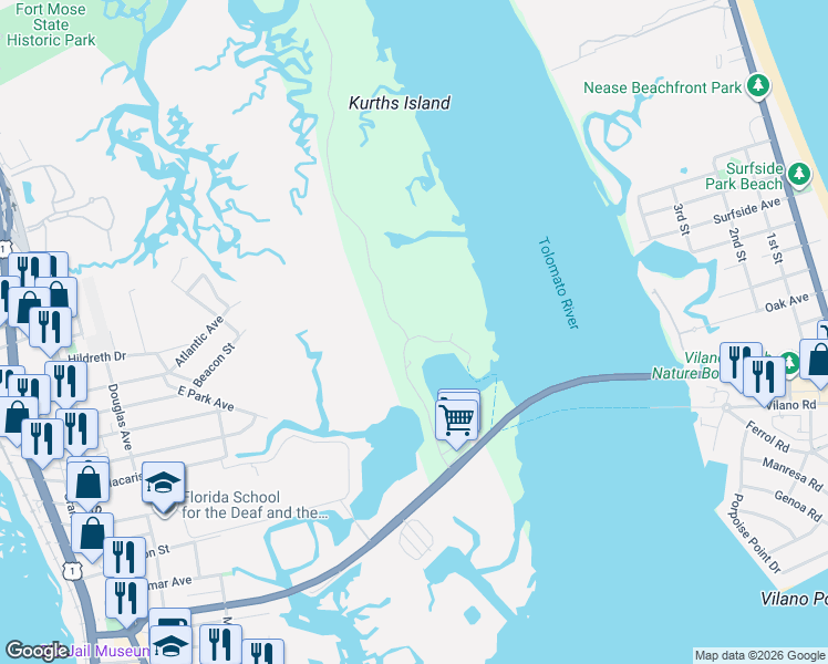 map of restaurants, bars, coffee shops, grocery stores, and more near 3431 Harbor Drive in St. Augustine