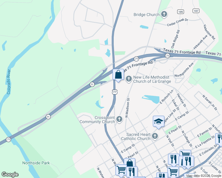 map of restaurants, bars, coffee shops, grocery stores, and more near 1243 North Jefferson Street in La Grange