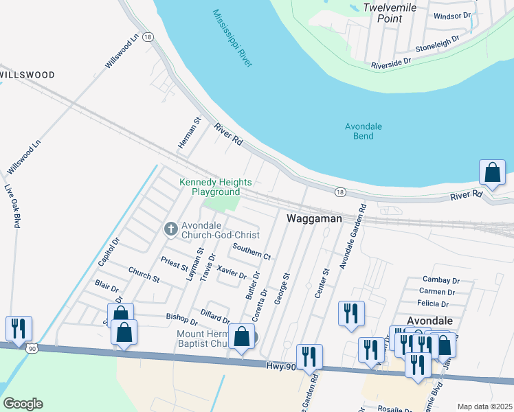 map of restaurants, bars, coffee shops, grocery stores, and more near 128 Deacon Street in Westwego