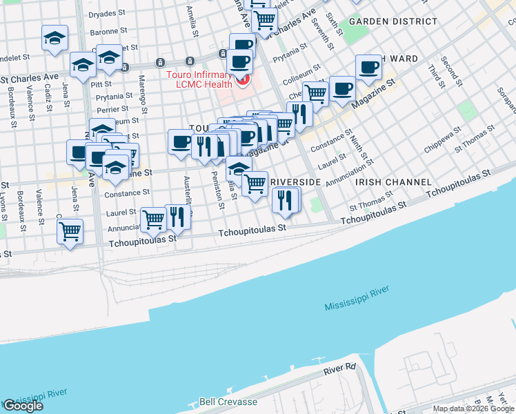 map of restaurants, bars, coffee shops, grocery stores, and more near in New Orleans