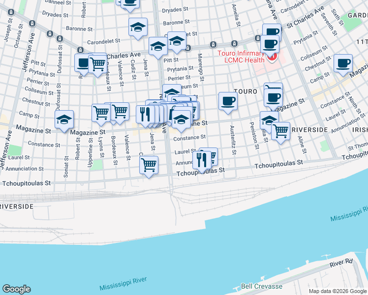 map of restaurants, bars, coffee shops, grocery stores, and more near 4315 Laurel Street in New Orleans