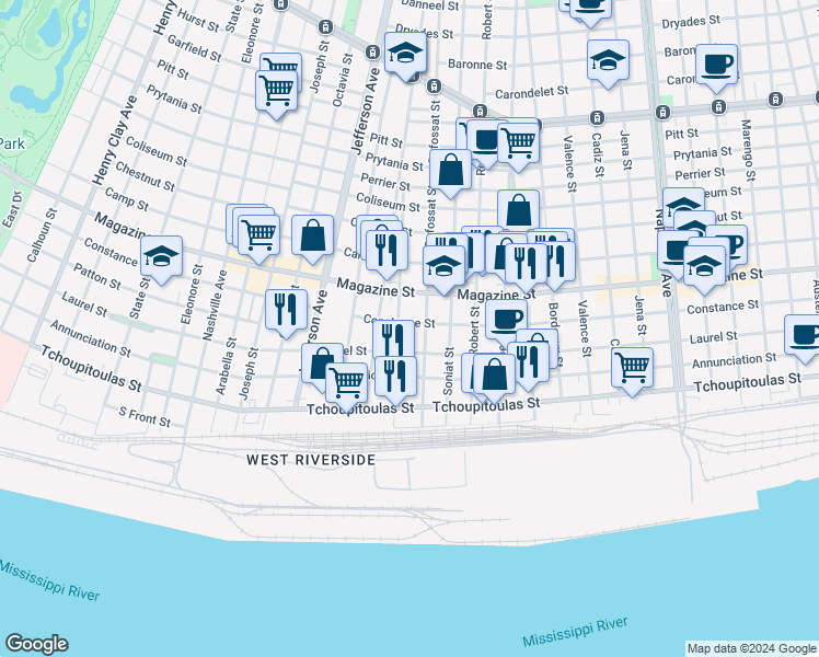 map of restaurants, bars, coffee shops, grocery stores, and more near 727 Dufossat Street in New Orleans