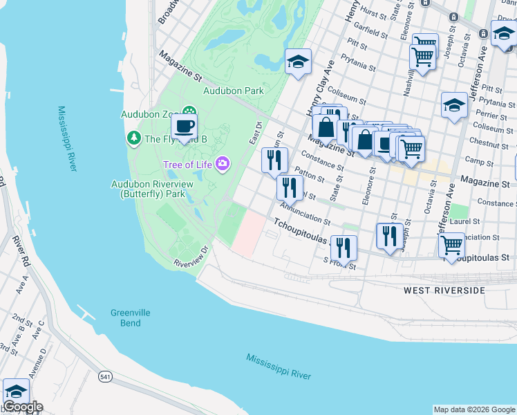 map of restaurants, bars, coffee shops, grocery stores, and more near 6245 Tchoupitoulas Street in New Orleans