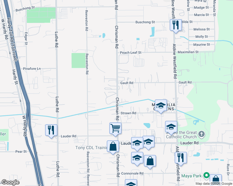 map of restaurants, bars, coffee shops, grocery stores, and more near 13938 Chrisman Road in Houston