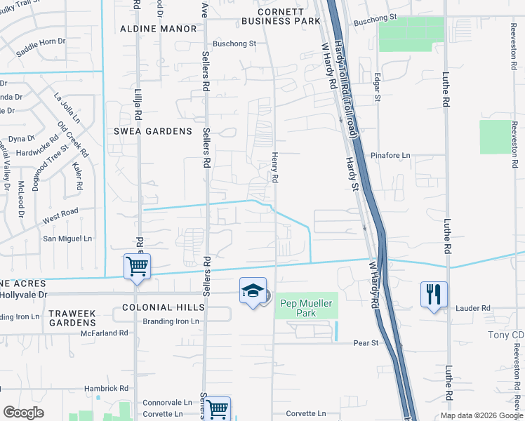 map of restaurants, bars, coffee shops, grocery stores, and more near 14929 Henry Road in Houston