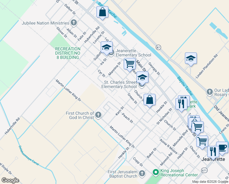 map of restaurants, bars, coffee shops, grocery stores, and more near 2008 Mitchell Street in Jeanerette