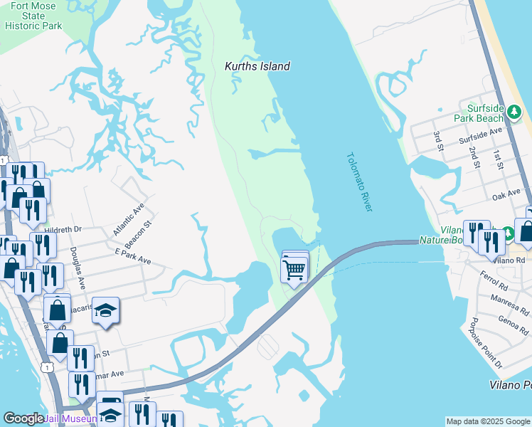 map of restaurants, bars, coffee shops, grocery stores, and more near 3431 Harbor Drive in St. Augustine