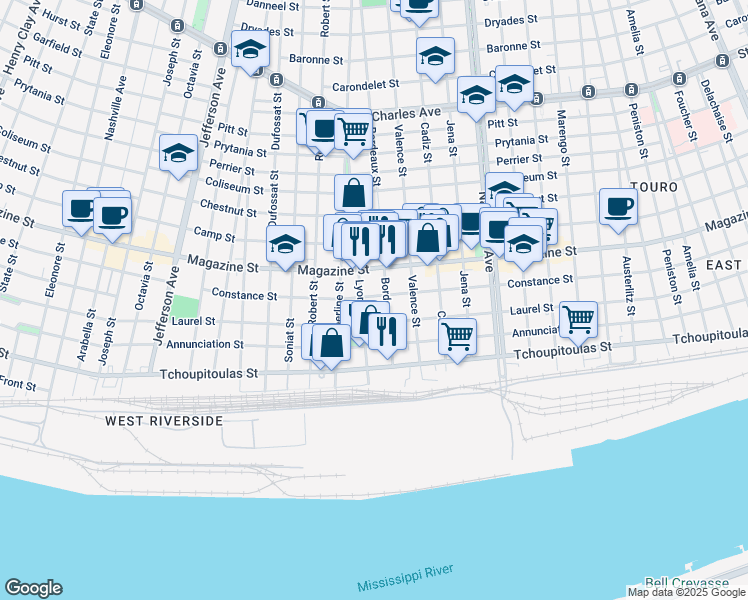 map of restaurants, bars, coffee shops, grocery stores, and more near 4822 Constance Street in New Orleans