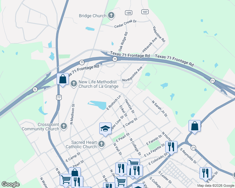 map of restaurants, bars, coffee shops, grocery stores, and more near 951 East Roitsch Lane in La Grange