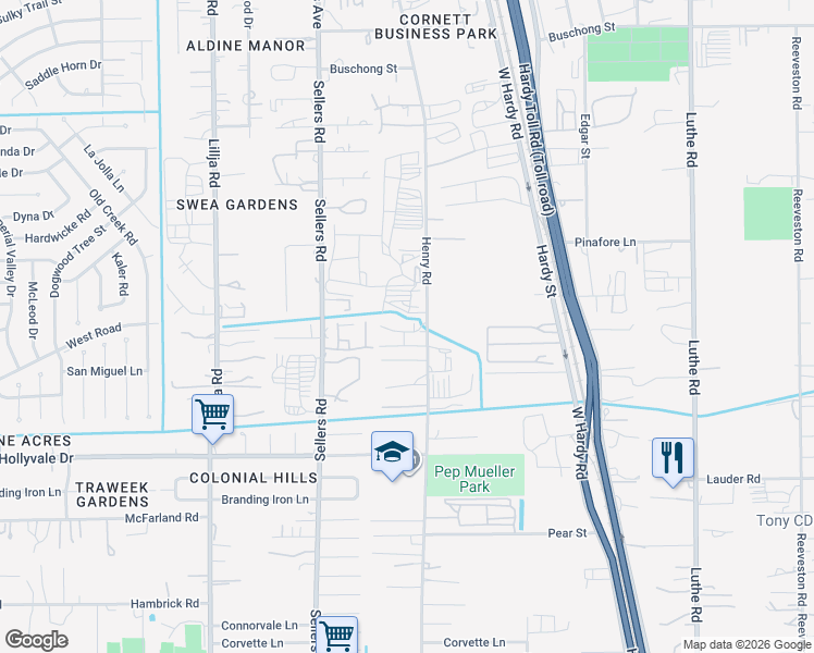 map of restaurants, bars, coffee shops, grocery stores, and more near 14929 Henry Road in Houston