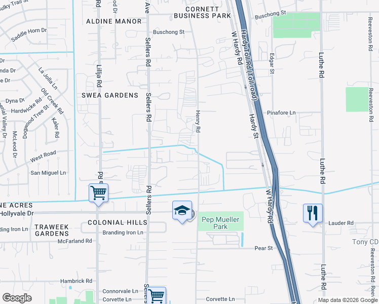 map of restaurants, bars, coffee shops, grocery stores, and more near 14929 Henry Road in Houston