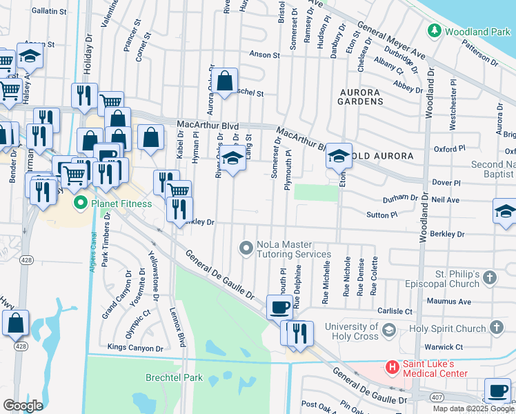 map of restaurants, bars, coffee shops, grocery stores, and more near 4869 Ken Court in New Orleans