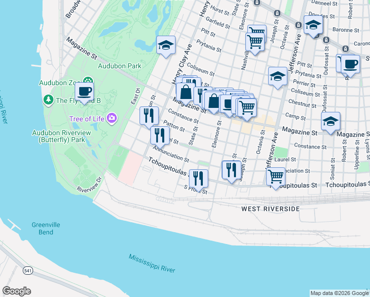 map of restaurants, bars, coffee shops, grocery stores, and more near 422 State Street in New Orleans