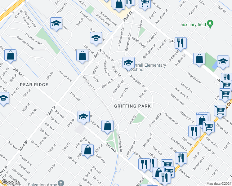 map of restaurants, bars, coffee shops, grocery stores, and more near 4214 Ferndale Drive in Port Arthur