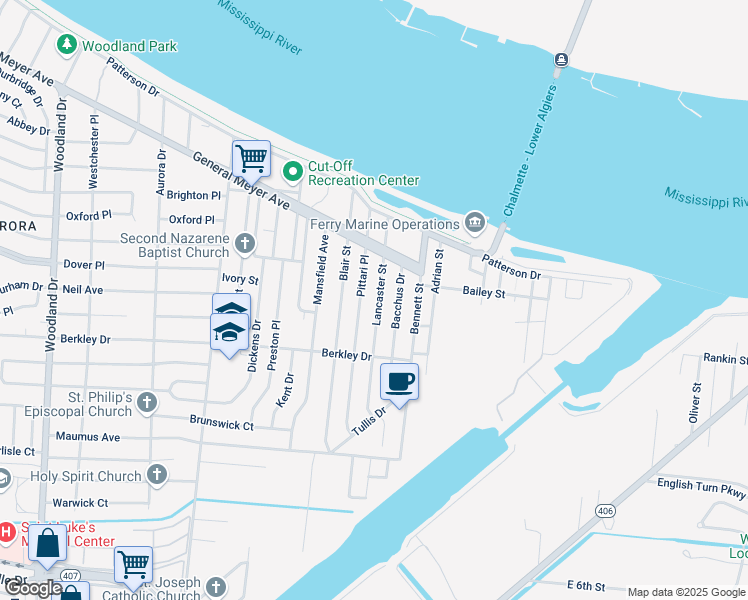 map of restaurants, bars, coffee shops, grocery stores, and more near 3301 Lancaster Street in New Orleans