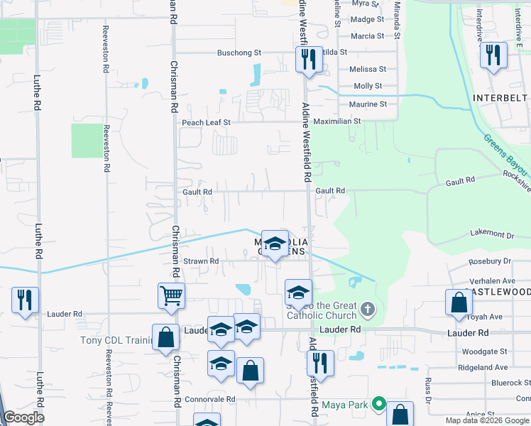 map of restaurants, bars, coffee shops, grocery stores, and more near 1826 Gault Rd in Houston