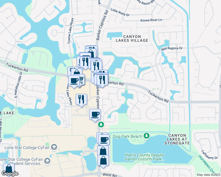 map of restaurants, bars, coffee shops, grocery stores, and more near 17606 Dewberry Crescent Drive in Houston