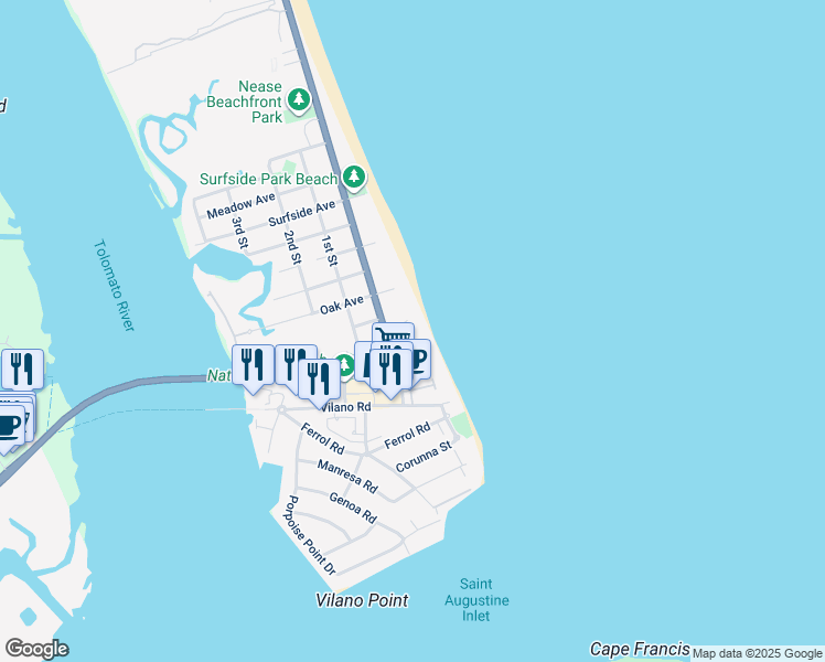 map of restaurants, bars, coffee shops, grocery stores, and more near 51b Beachcomber Way in St. Augustine