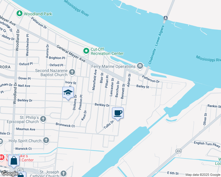 map of restaurants, bars, coffee shops, grocery stores, and more near 3301 Lancaster Street in New Orleans