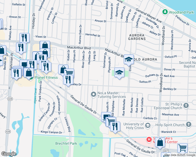 map of restaurants, bars, coffee shops, grocery stores, and more near 4869 Ken Court in New Orleans