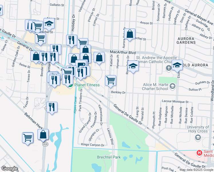map of restaurants, bars, coffee shops, grocery stores, and more near 3451 Kabel Drive in New Orleans