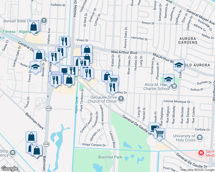 map of restaurants, bars, coffee shops, grocery stores, and more near 3451 Kabel Drive in New Orleans