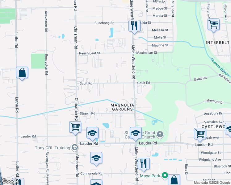 map of restaurants, bars, coffee shops, grocery stores, and more near 1826 Gault Rd in Houston