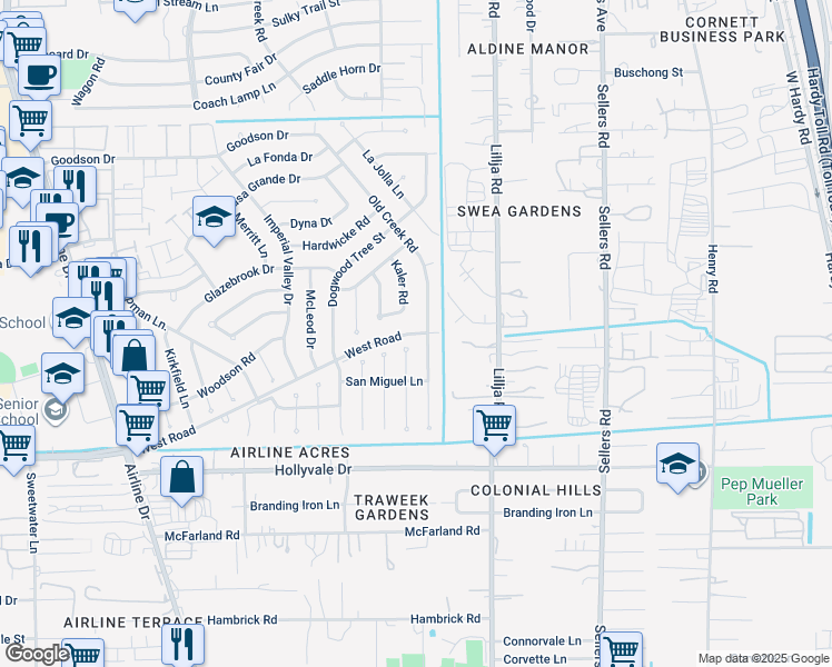 map of restaurants, bars, coffee shops, grocery stores, and more near 14870 Kaler Road in Houston