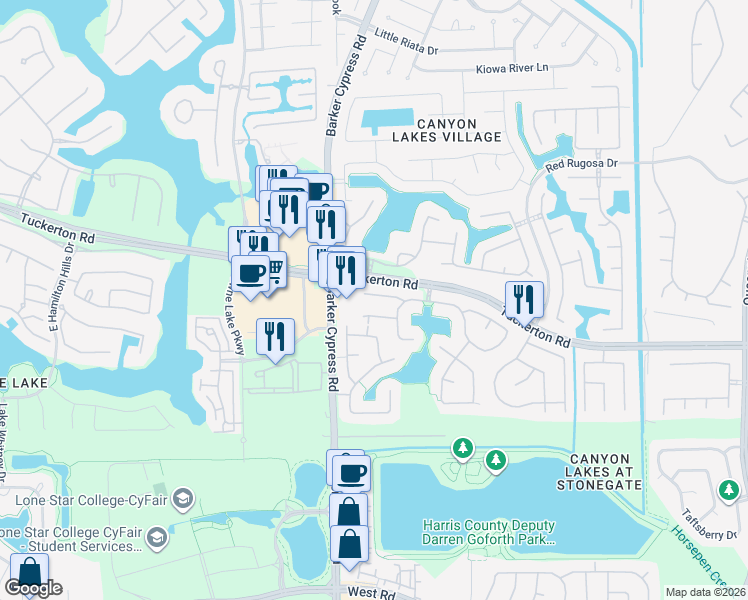 map of restaurants, bars, coffee shops, grocery stores, and more near 17606 Dewberry Crescent Drive in Houston