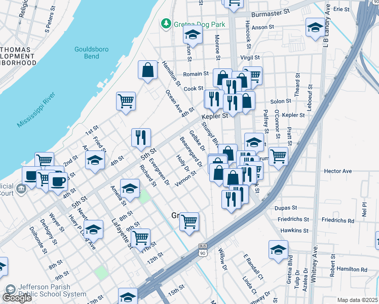 map of restaurants, bars, coffee shops, grocery stores, and more near 21 Holly Drive in Gretna