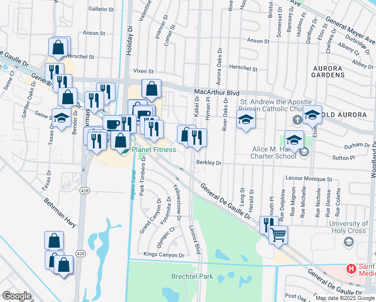 map of restaurants, bars, coffee shops, grocery stores, and more near 3451 Kabel Drive in New Orleans