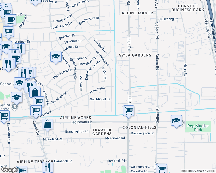 map of restaurants, bars, coffee shops, grocery stores, and more near 557 West Road in Houston