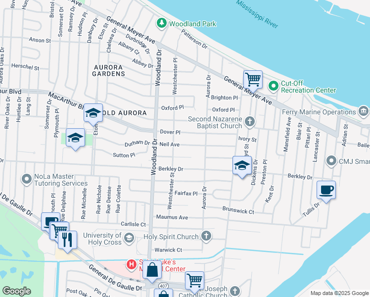 map of restaurants, bars, coffee shops, grocery stores, and more near 210 Cambridge Court in New Orleans