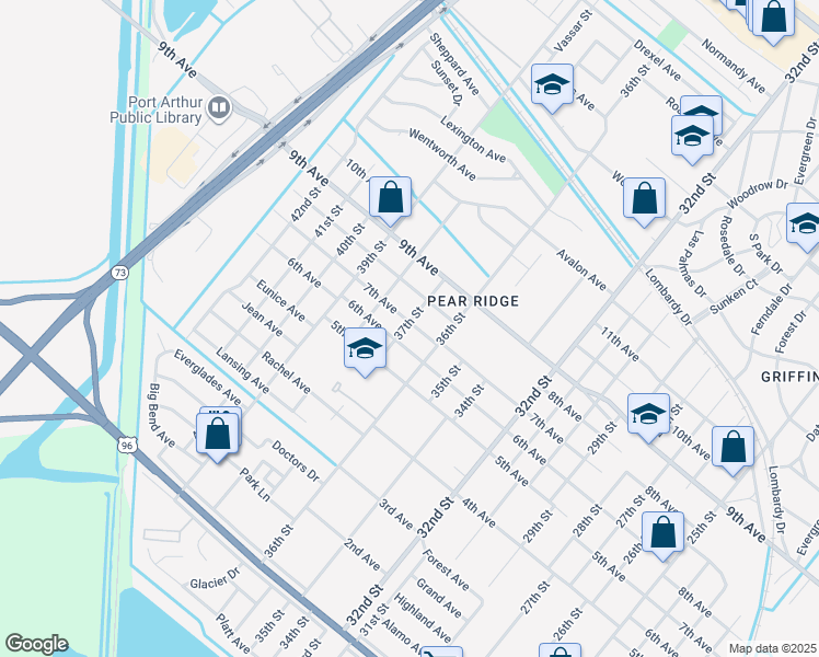 map of restaurants, bars, coffee shops, grocery stores, and more near 3749 7th Avenue in Port Arthur