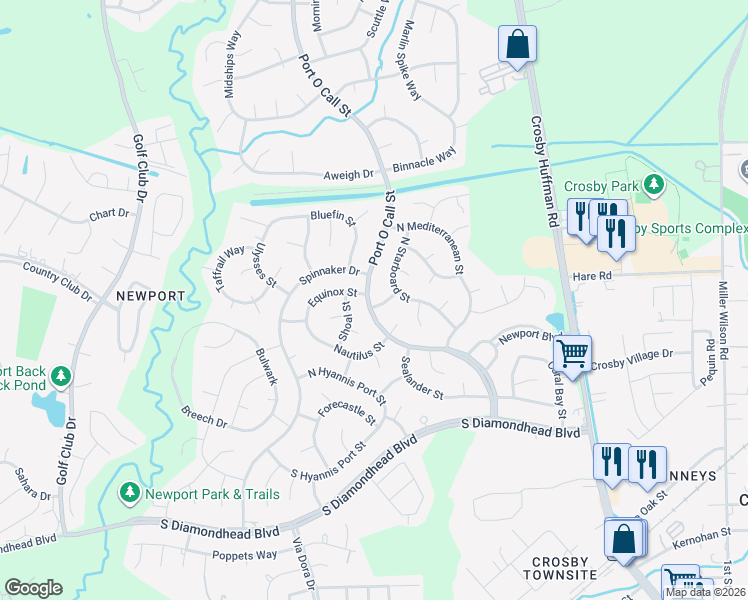 map of restaurants, bars, coffee shops, grocery stores, and more near 514 Equinox Street in Crosby