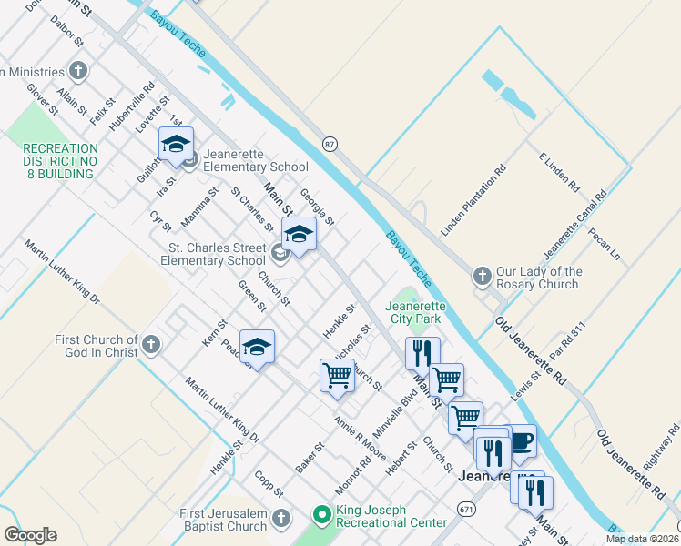 map of restaurants, bars, coffee shops, grocery stores, and more near Louisiana 182 in Jeanerette