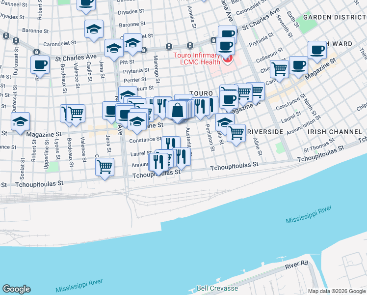 map of restaurants, bars, coffee shops, grocery stores, and more near 3954 Laurel Street in New Orleans