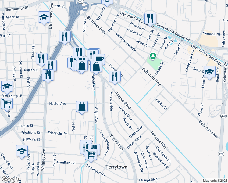map of restaurants, bars, coffee shops, grocery stores, and more near 109 Appletree Lane in Terrytown