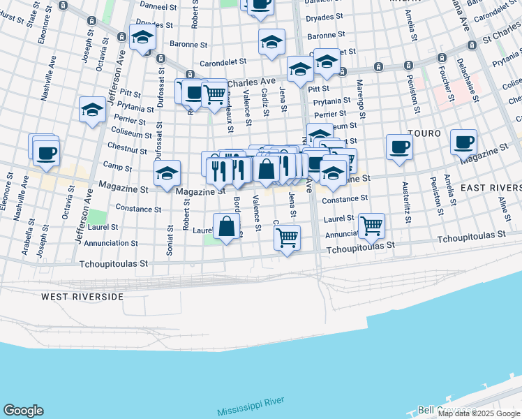 map of restaurants, bars, coffee shops, grocery stores, and more near 726 Valence Street in New Orleans